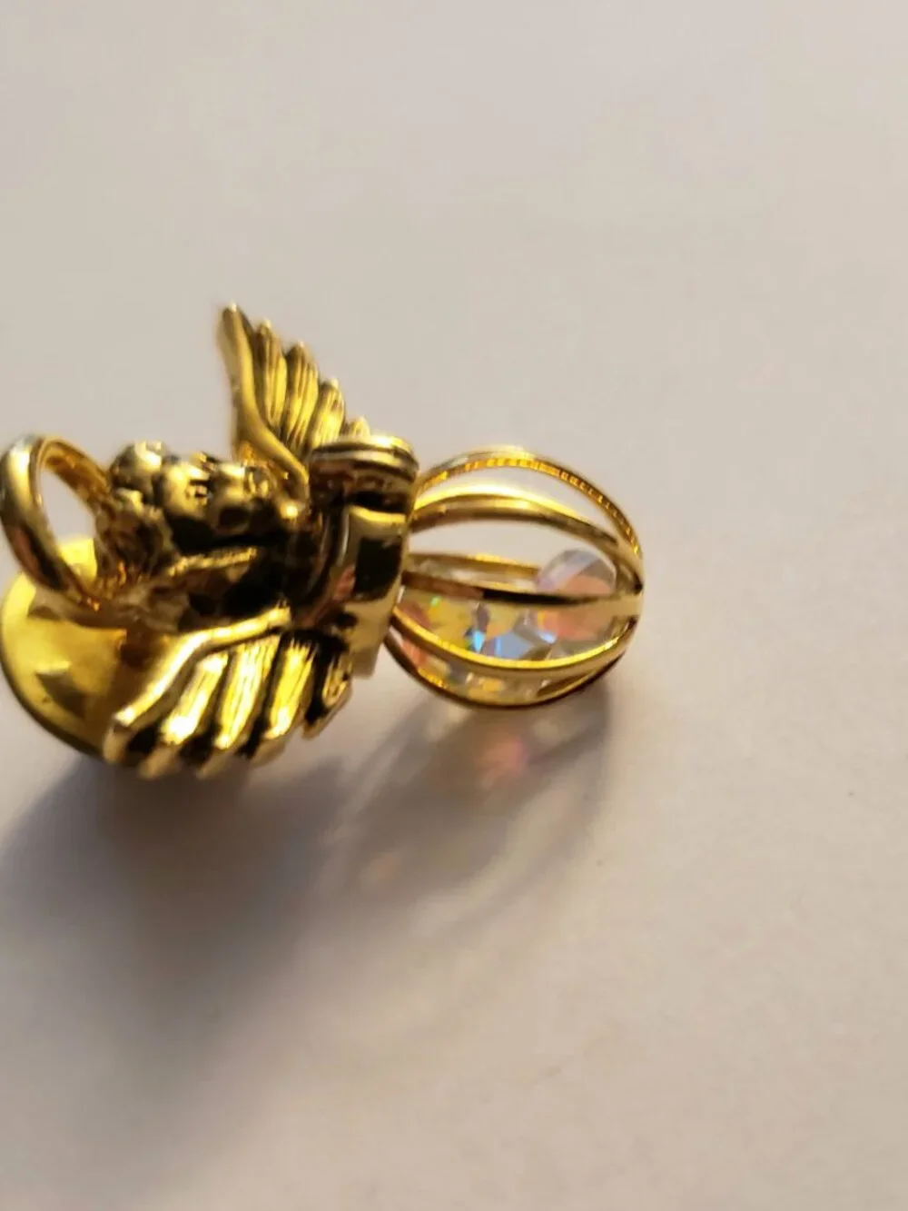 Goldtone Guardian Angel Halo Lapel Pin Brooch Cage with Rainbow Iridescent Beads
